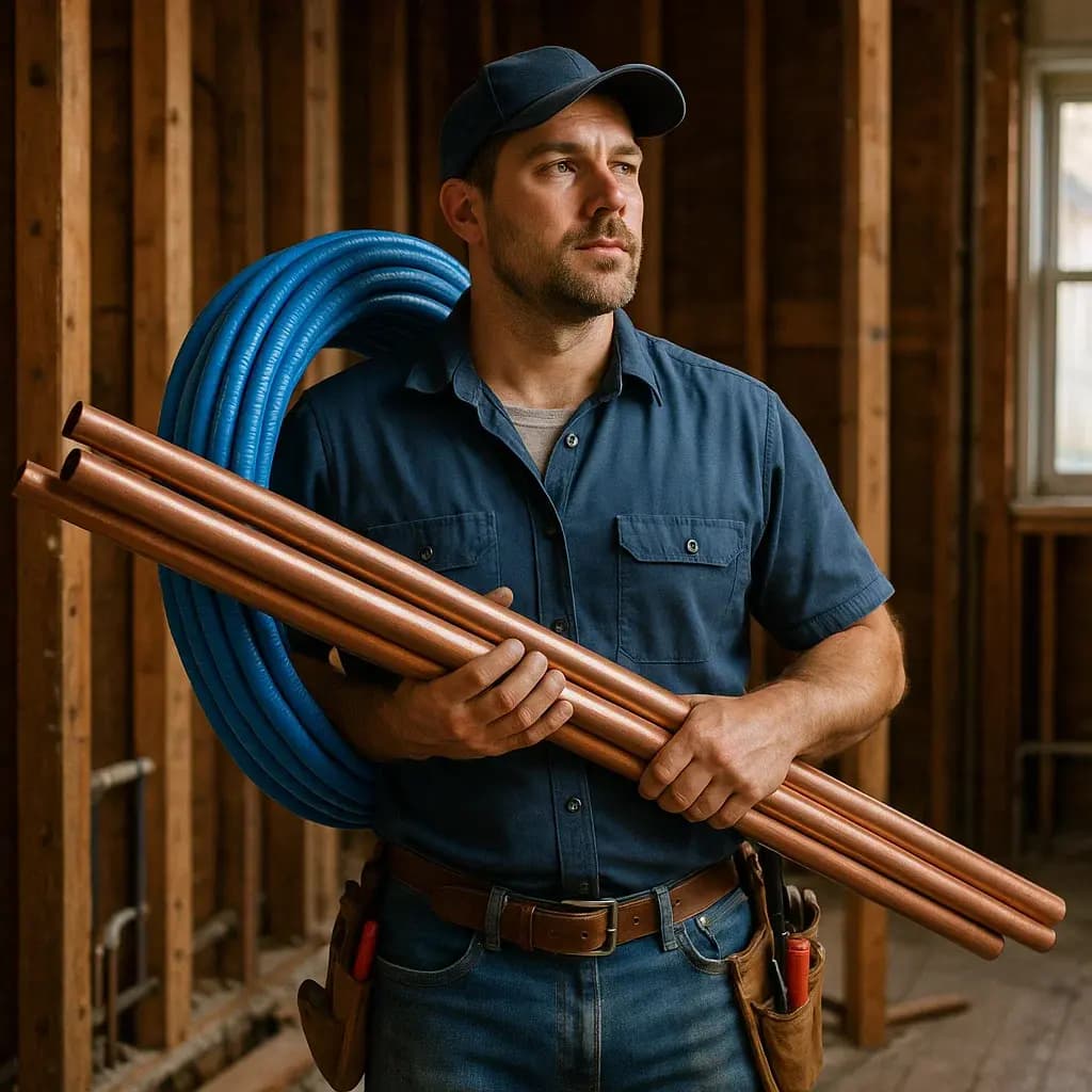 Fresh PEX repiping run along a basement wall