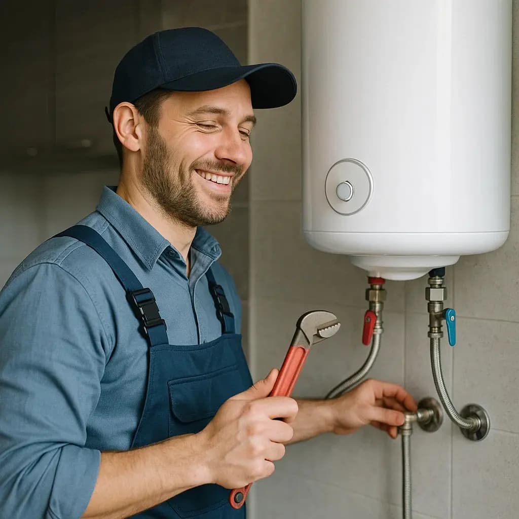 Plumber reconnecting fittings on a gas water heater