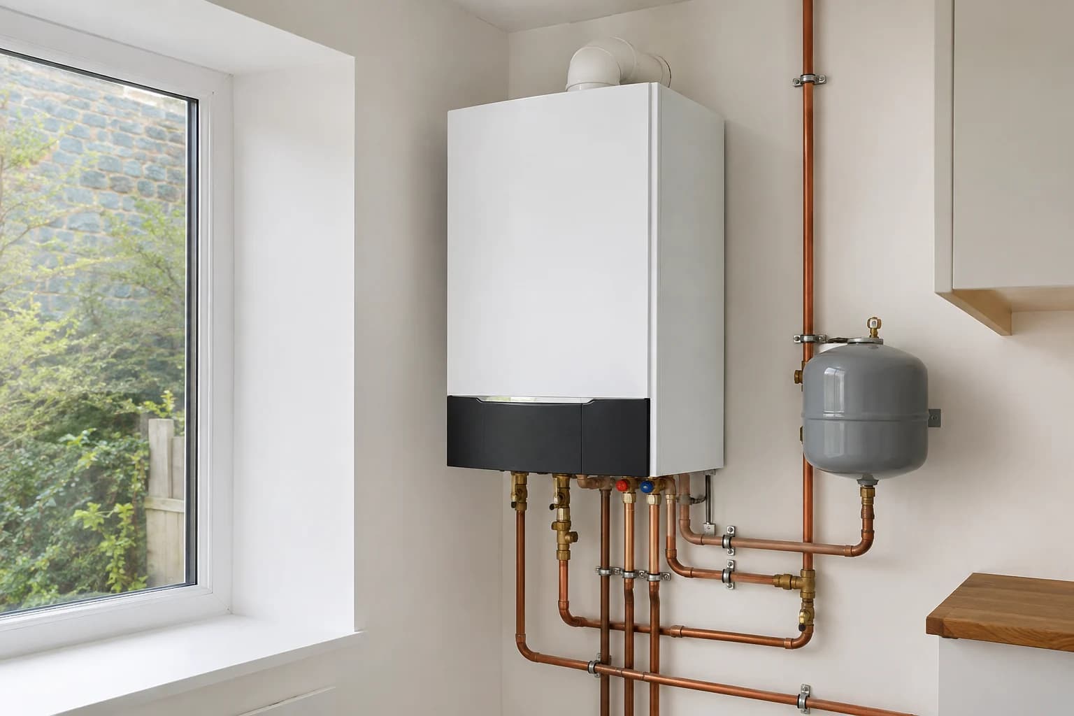 Illustration of a wall-hung hydronic heating boiler