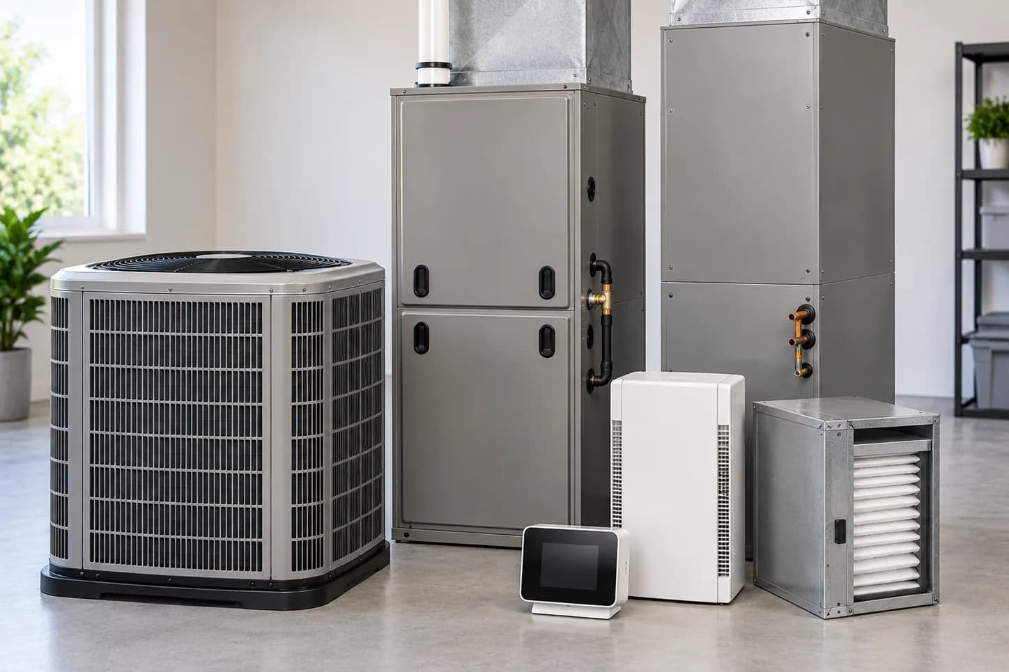 Illustration of residential HVAC equipment including a condenser and furnace