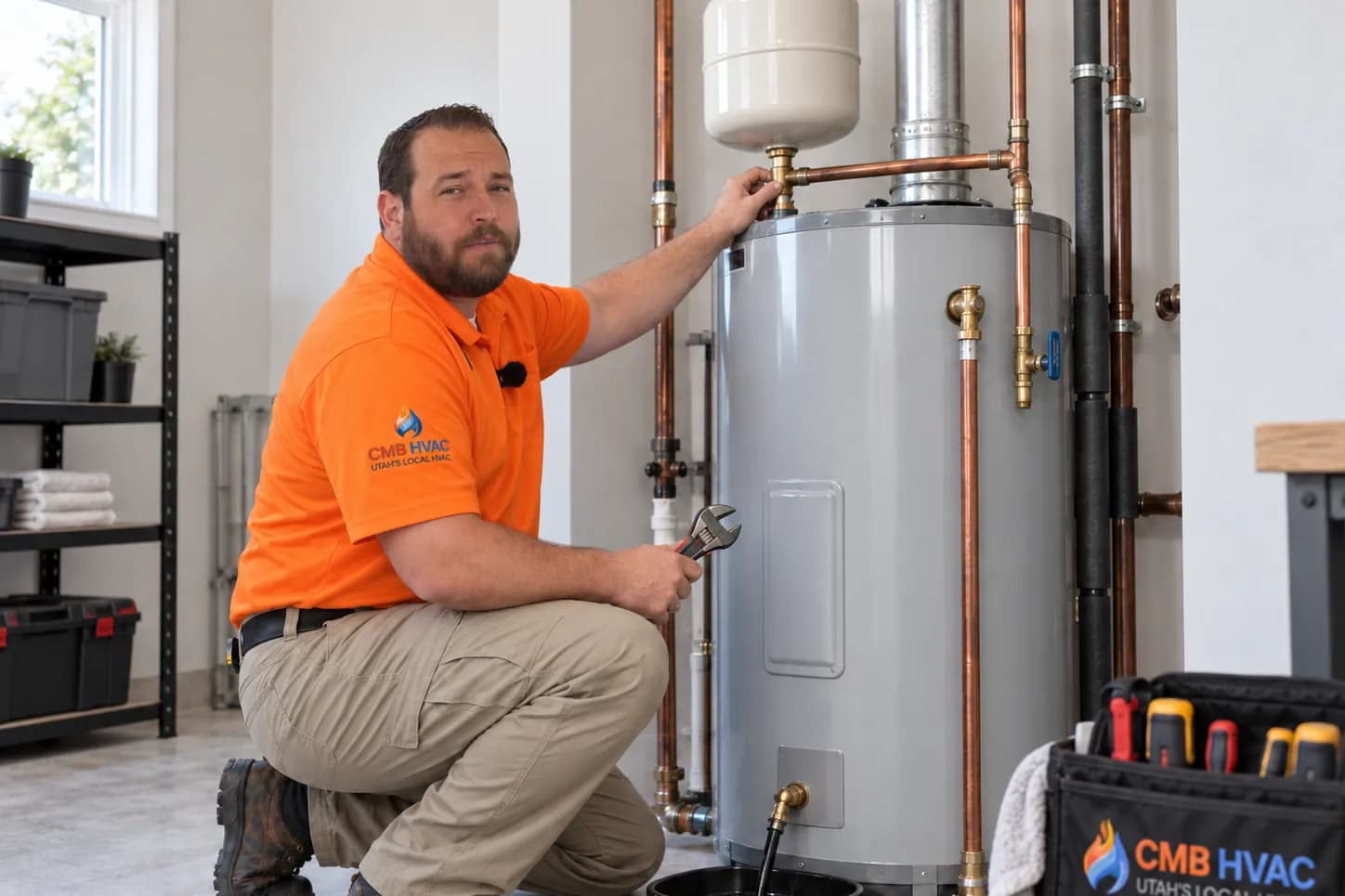 Illustration of a technician servicing a water heater expansion tank