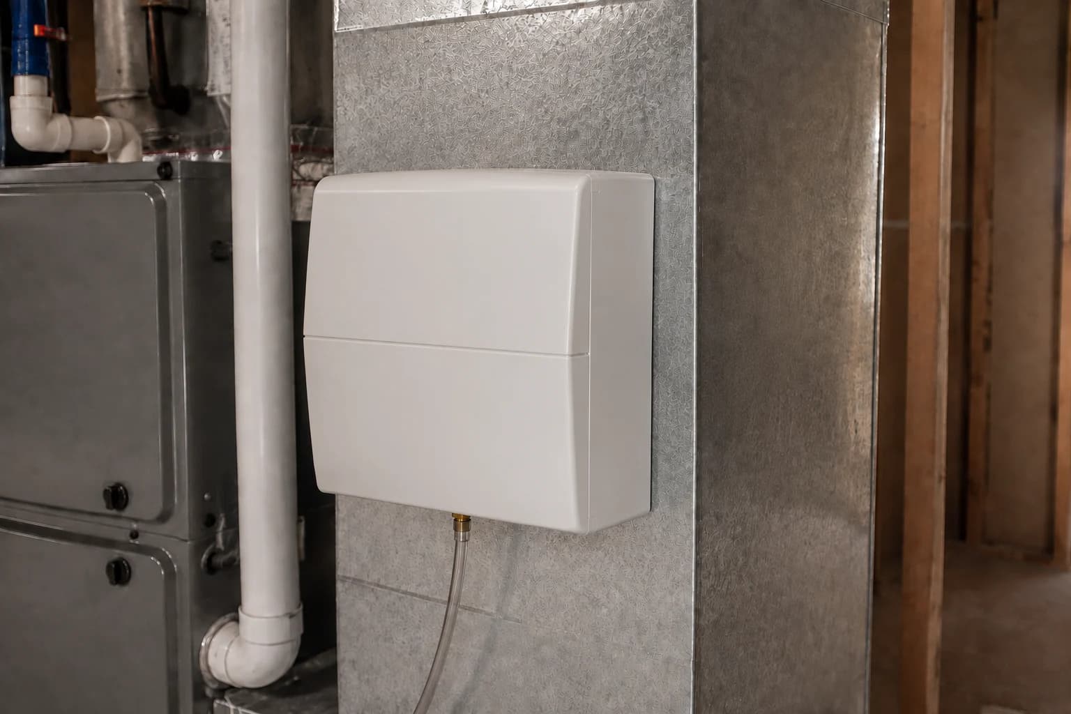 Illustration of a whole-home fan-powered humidifier mounted on ductwork