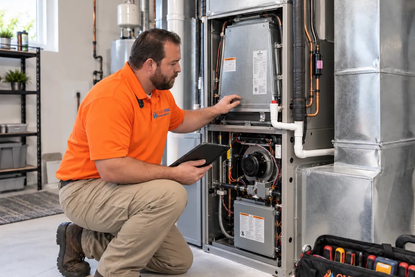 Illustration of a technician inspecting an open furnace during a maintenance visit