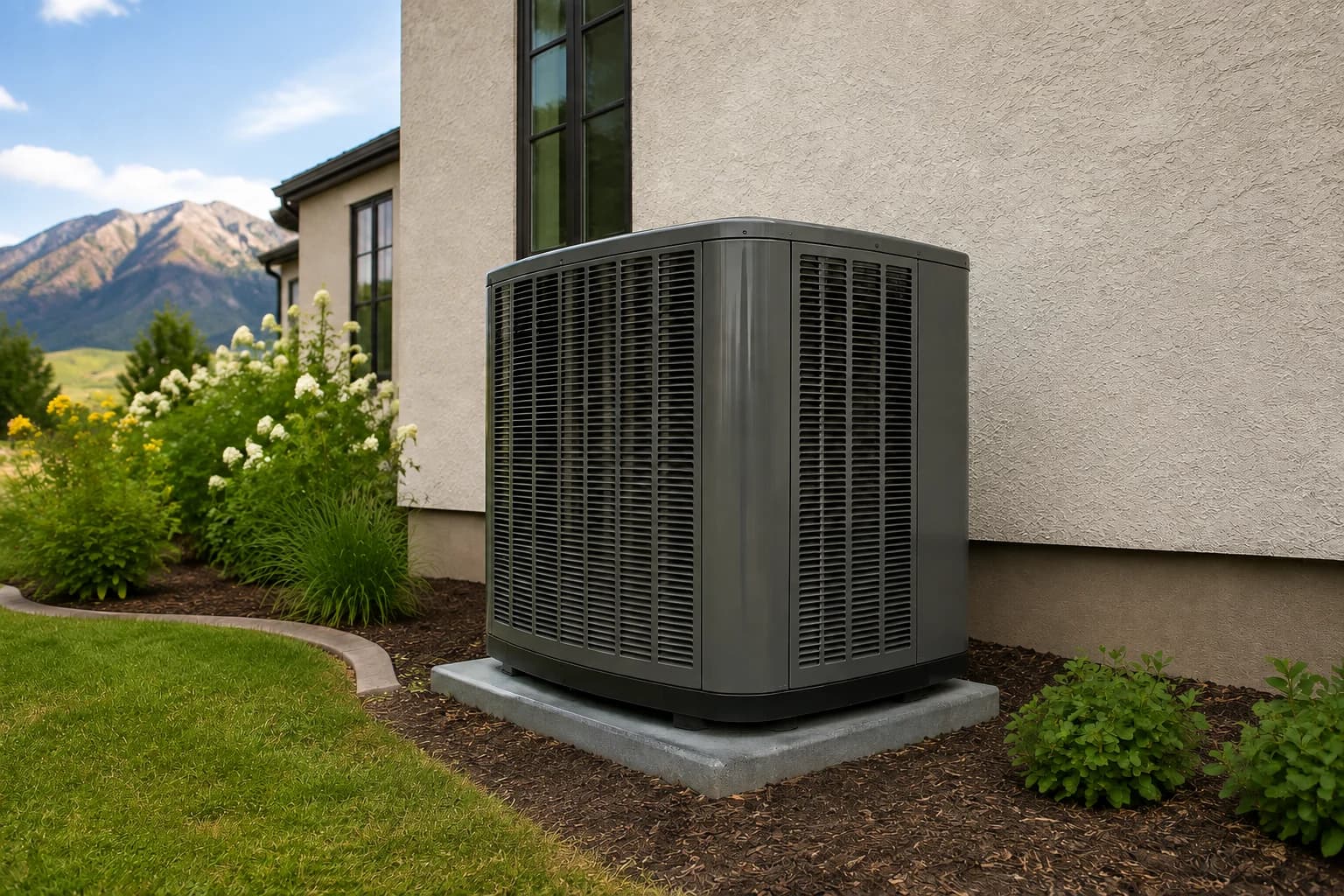 Illustration of an outdoor heat-pump unit beside a home