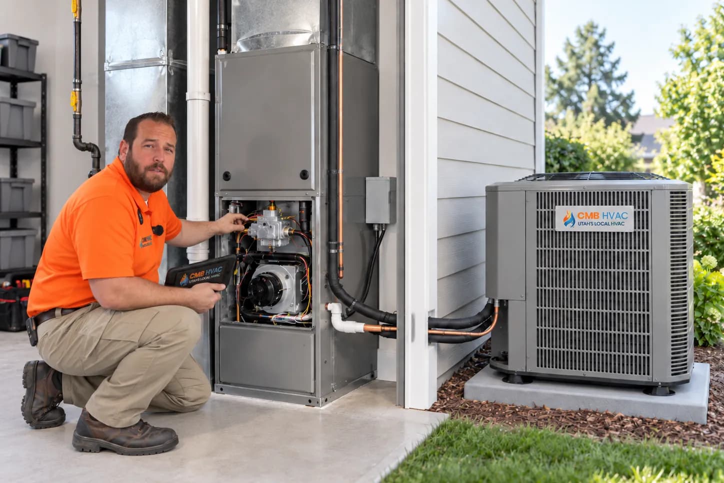 Illustration of a technician working on a furnace and outdoor unit at a home