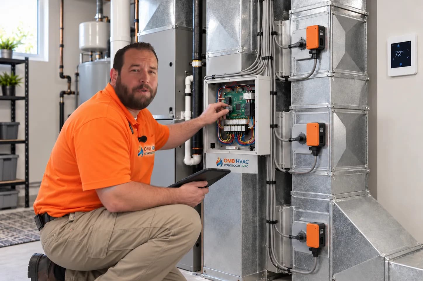 Illustration of a technician at a residential zoning control panel