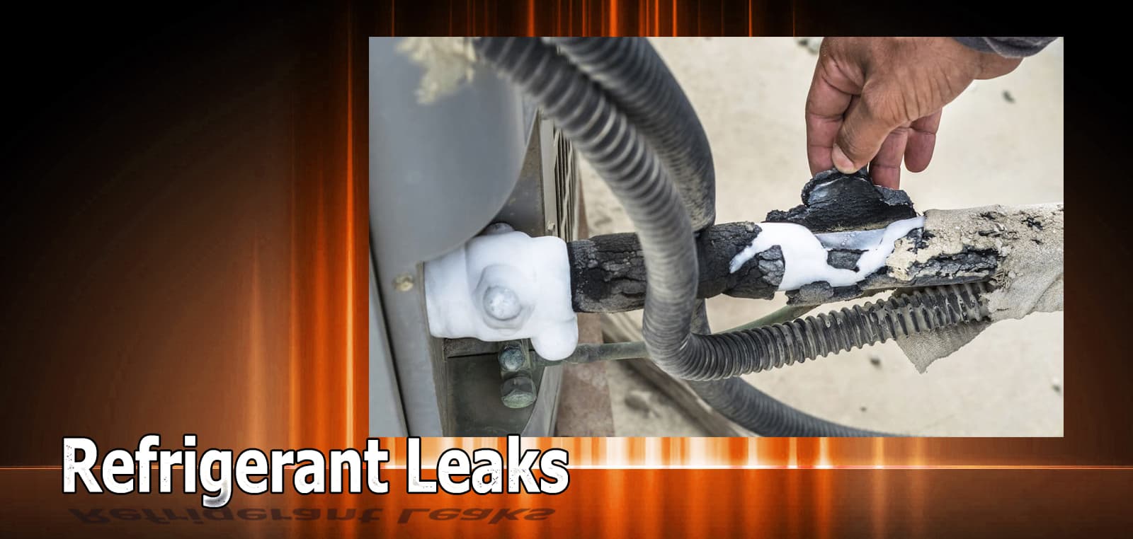 Person inspecting refrigerant leak in HVAC system.
