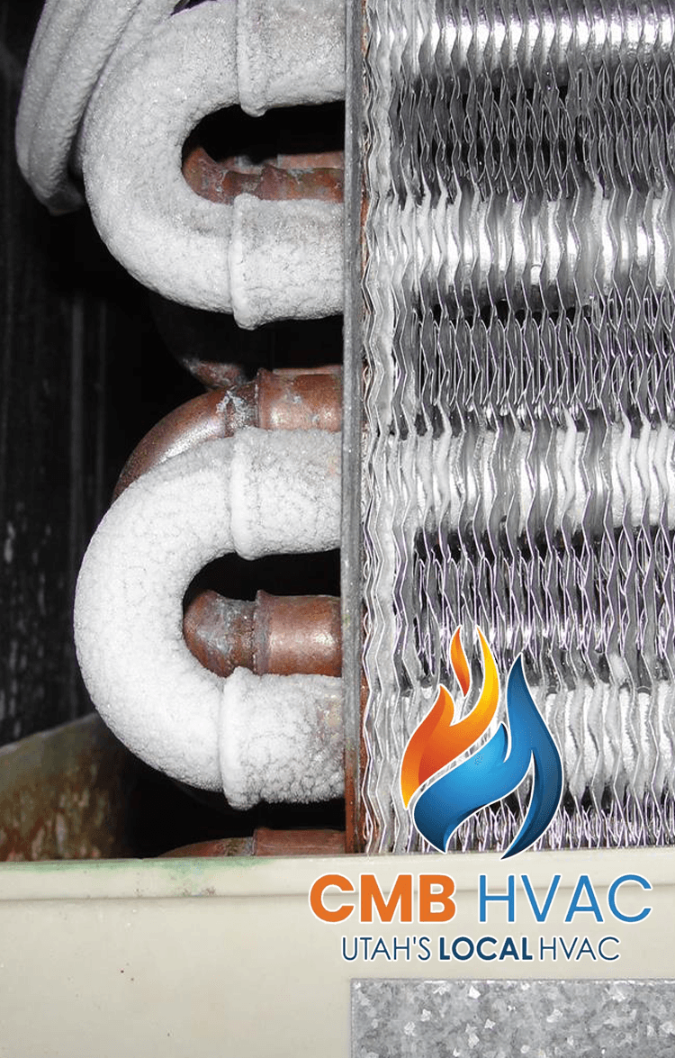 Frozen evaporator coil with frost buildup on the refrigerant lines