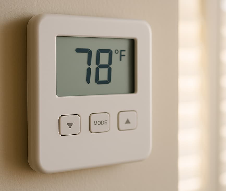 Wall thermostat reading 78 degrees mounted on an interior wall