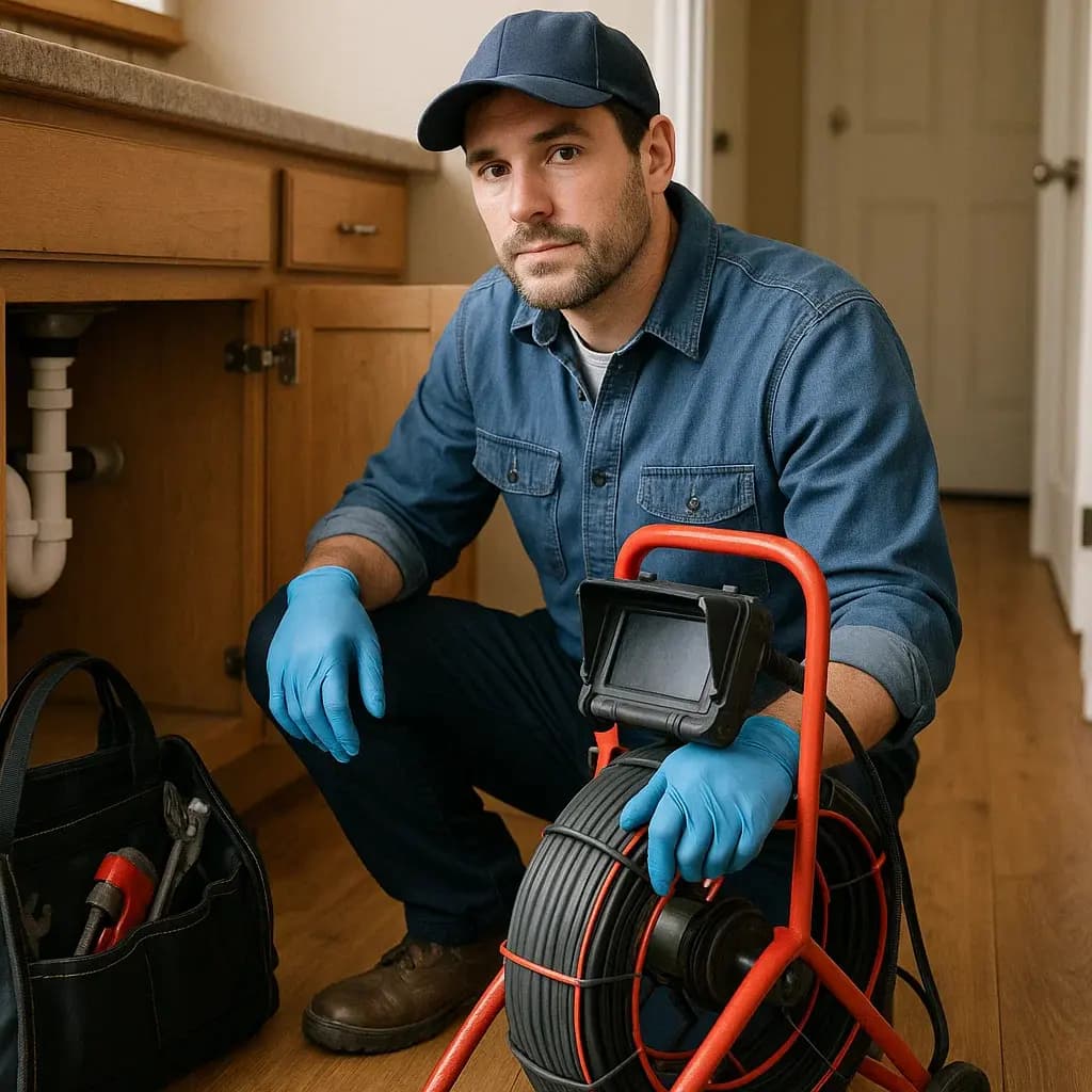 Plumber running a camera through a home's drain line