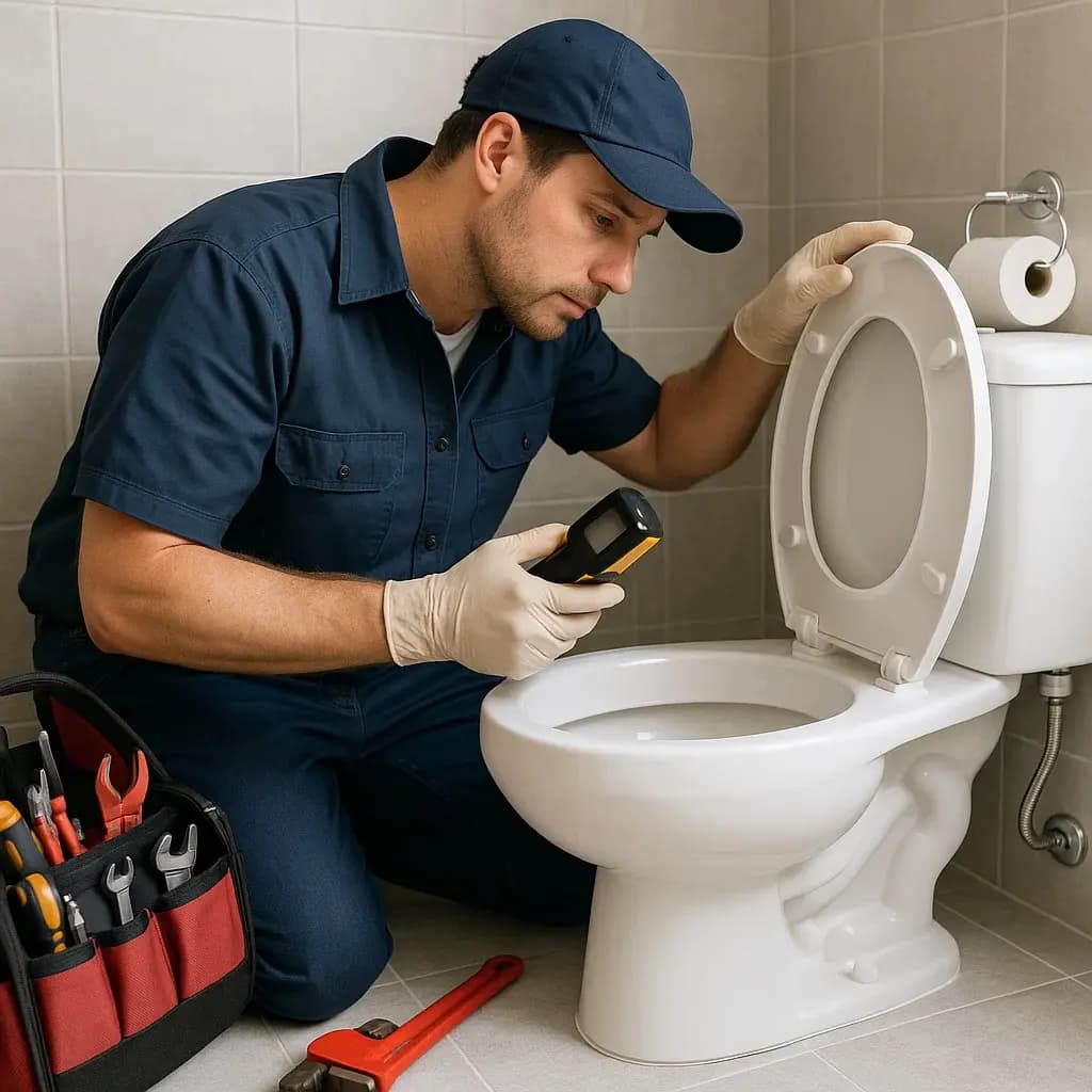 Plumber repairing supply lines beneath a bathroom sink