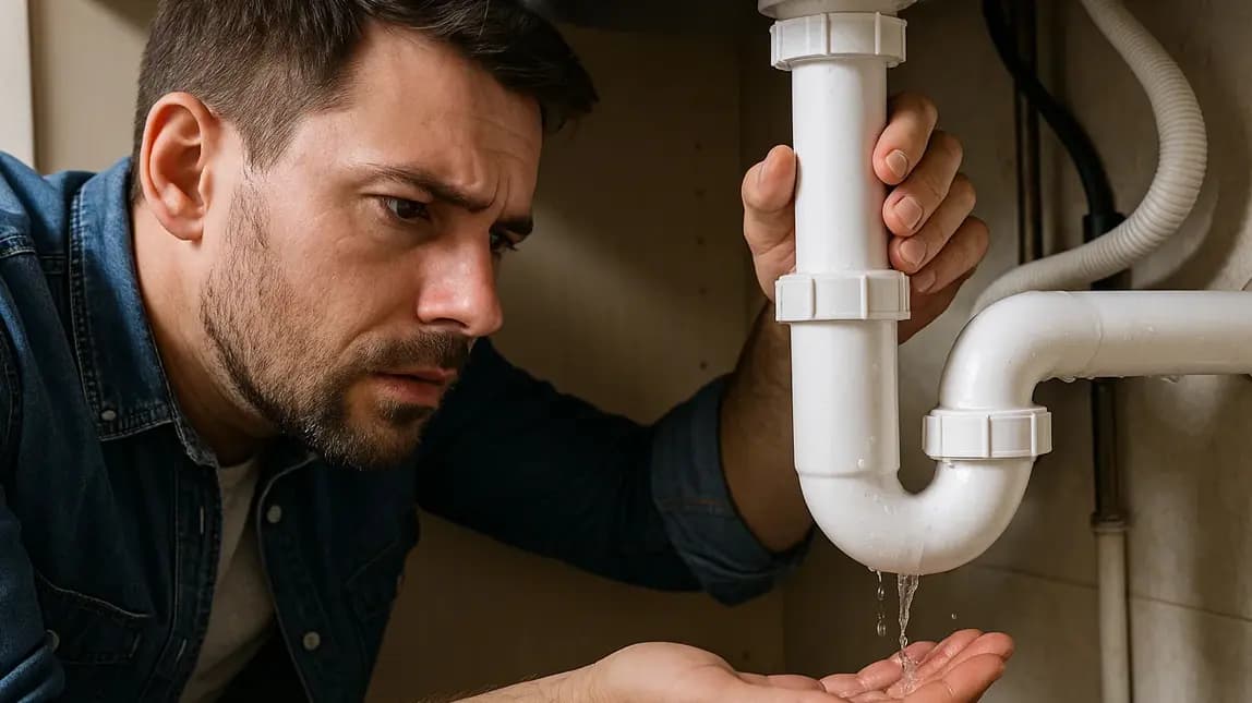 Water pooling from a burst pipe under a sink