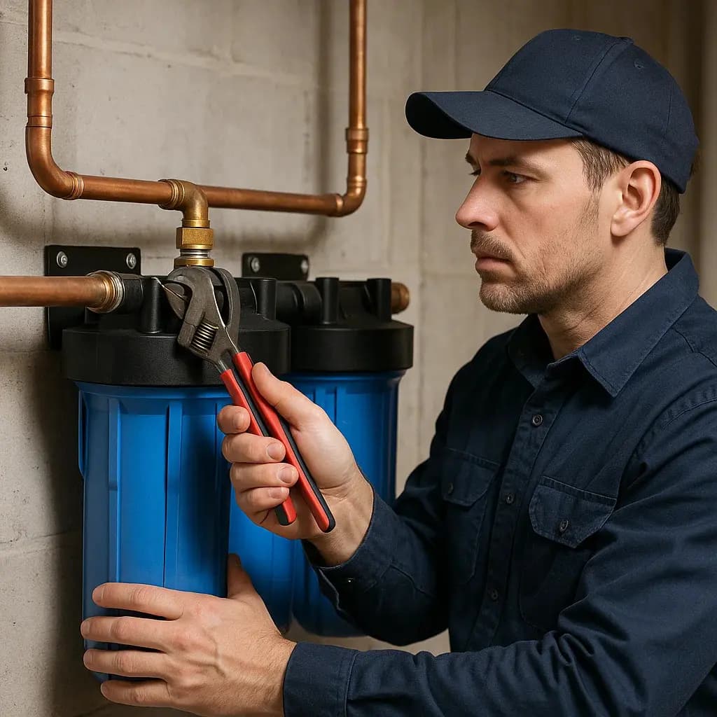 Whole-home water filtration system installed on a main line