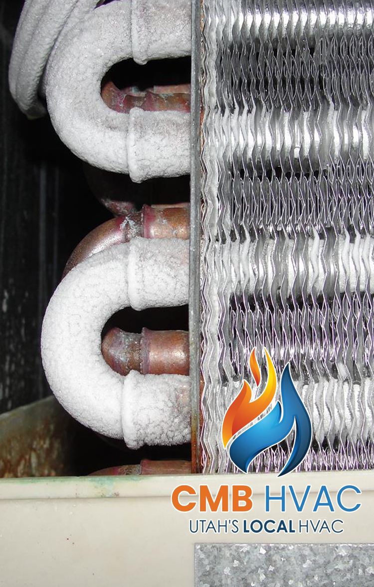 Frozen evaporator coil with frost buildup on the refrigerant lines